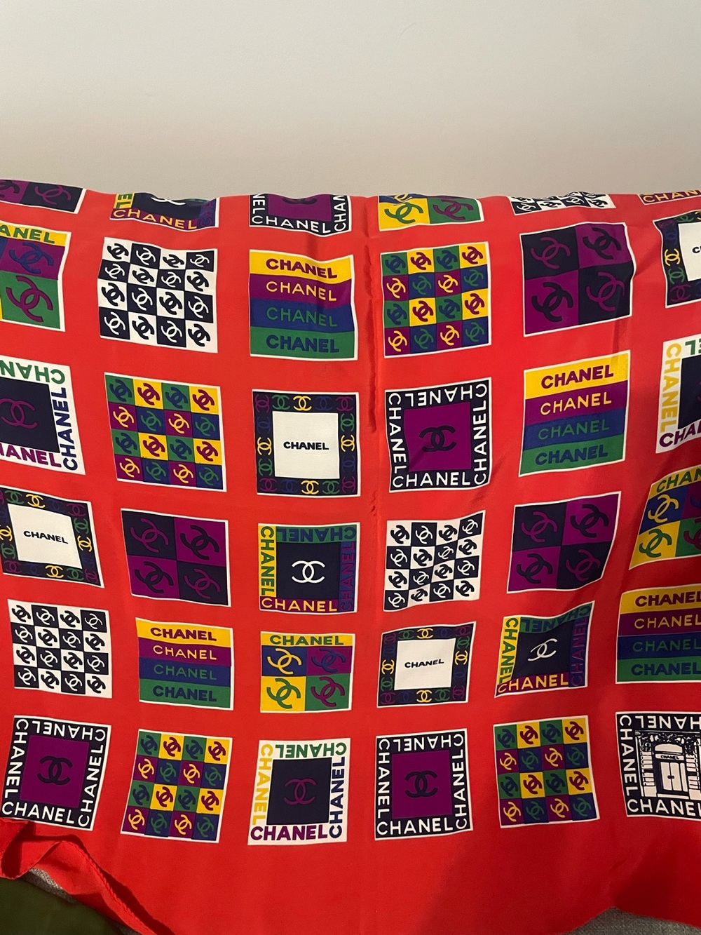 CHANEL Red Multicolor Logo Block Silk Scarf.